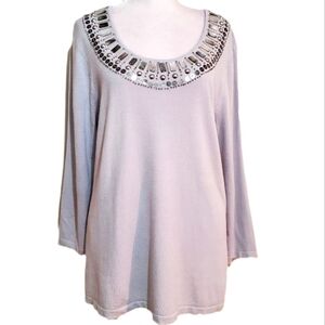 Chico's Cleo gray rayon Mother of Pearl bead lightweight knit sweater top 2 NWT